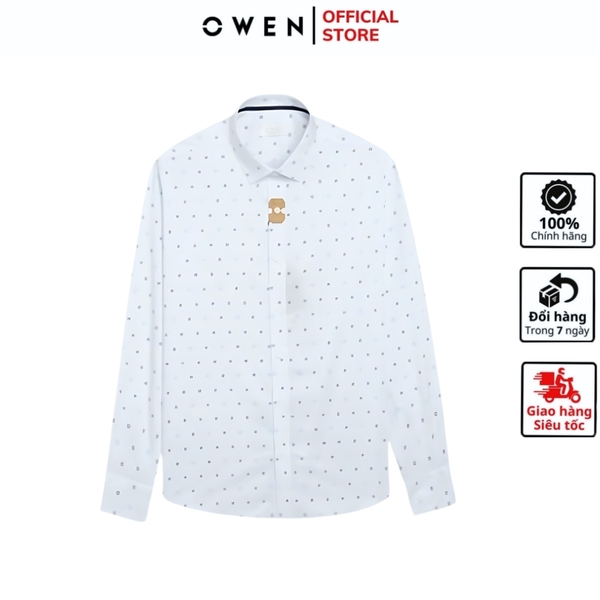 Áo Sơ Mi Nam Tay Dài Owen AR240036D màu trắng chấm bi xanh dáng suông tà lượn không túi chất liệu bamboo spandex