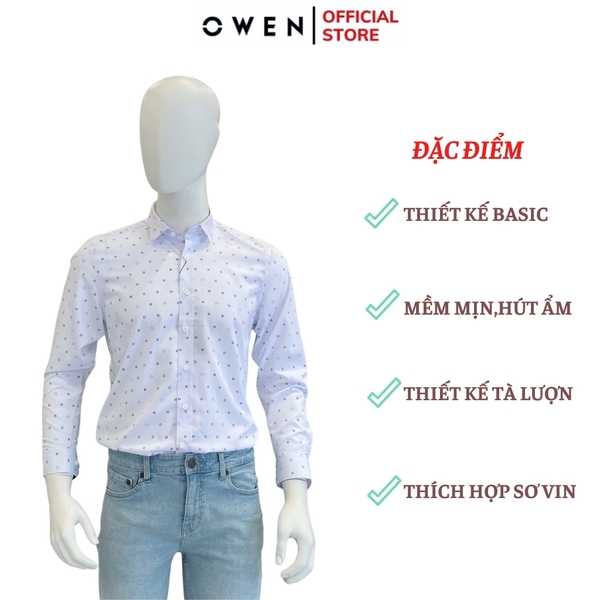 Áo Sơ Mi Nam Tay Dài Owen AR240036D màu trắng chấm bi xanh dáng suông tà lượn không túi chất liệu bamboo spandex