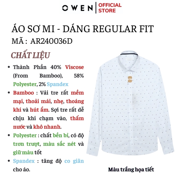 Áo Sơ Mi Nam Tay Dài Owen AR240036D màu trắng chấm bi xanh dáng suông tà lượn không túi chất liệu bamboo spandex