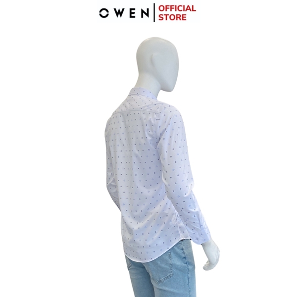 Áo Sơ Mi Nam Tay Dài Owen AR240036D màu trắng chấm bi xanh dáng suông tà lượn không túi chất liệu bamboo spandex