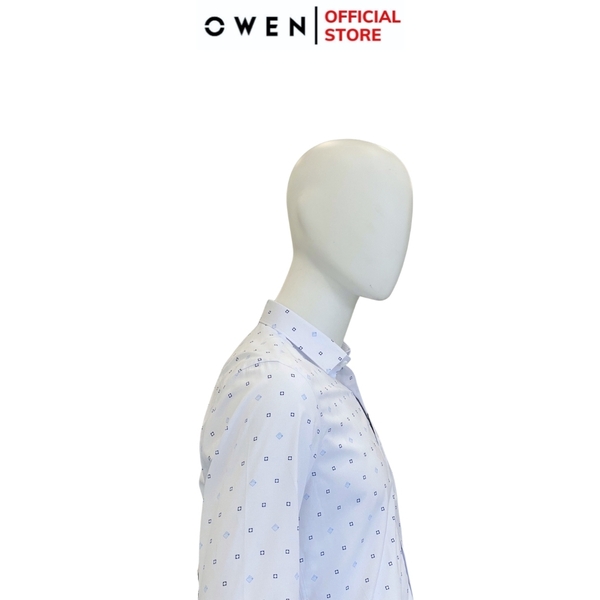 Áo Sơ Mi Nam Tay Dài Owen AR240036D màu trắng chấm bi xanh dáng suông tà lượn không túi chất liệu bamboo spandex