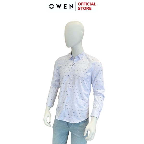 Áo Sơ Mi Nam Tay Dài Owen AR240036D màu trắng chấm bi xanh dáng suông tà lượn không túi chất liệu bamboo spandex
