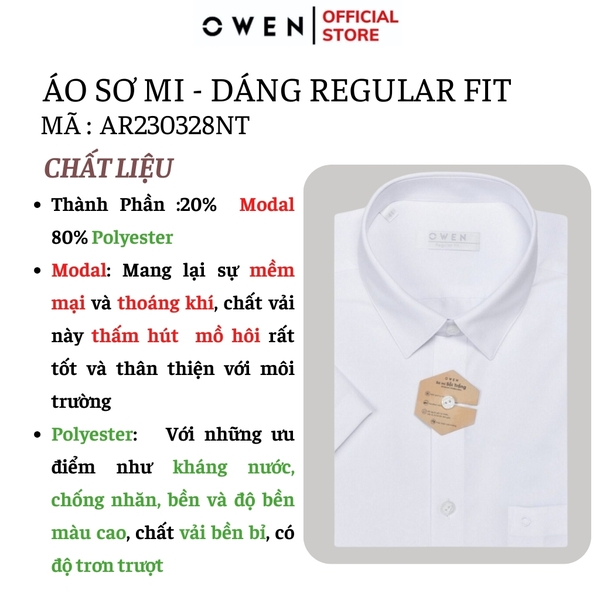 Áo Sơ Mi Trắng Nam Tay Ngắn Owen AR230328NT (AR240102NT) màu trắng dáng regular fit tà lượn có túi vải sợi sồi