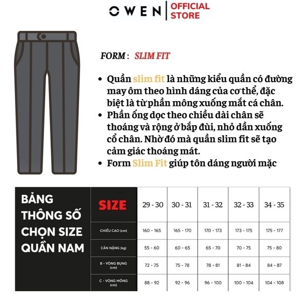 Quần Tây Nam Owen QST242468R màu xám đậm dáng ôm slim fit cạp tăng đơ chất liệu TR spandex