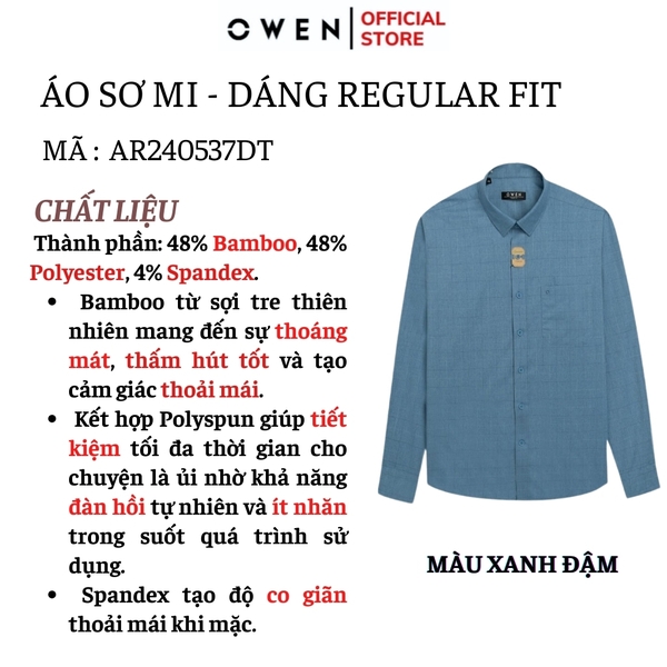 Áo Sơ Mi Nam Tay Dài Owen AR240537DT màu xanh in họa tiết dáng suông regular fit tà lượn có túi chất liệu bambo poly spandex