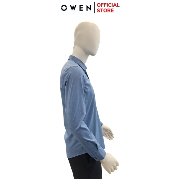 Áo Sơ Mi Nam Tay Dài Owen AR240537DT màu xanh in họa tiết dáng suông regular fit tà lượn có túi chất liệu bambo poly spandex