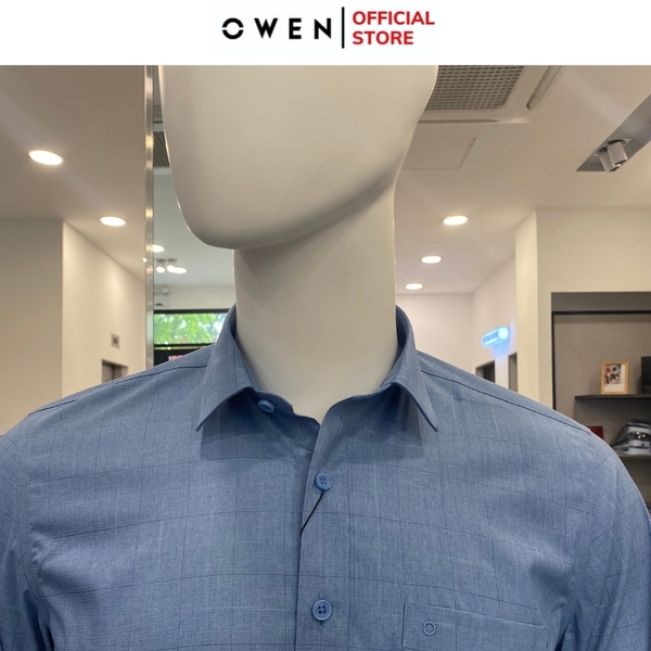 Áo Sơ Mi Nam Tay Dài Owen AR240537DT màu xanh in họa tiết dáng suông regular fit tà lượn có túi chất liệu bambo poly spandex