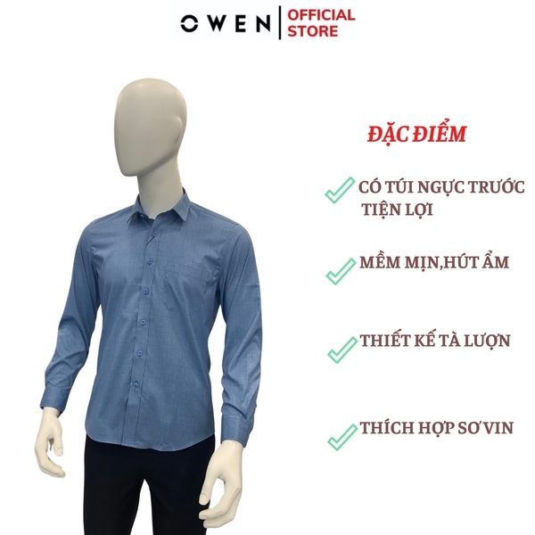 Áo Sơ Mi Nam Tay Dài Owen AR240537DT màu xanh in họa tiết dáng suông regular fit tà lượn có túi chất liệu bambo poly spandex