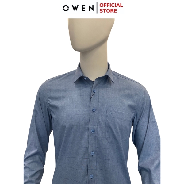 Áo Sơ Mi Nam Tay Dài Owen AR240537DT màu xanh in họa tiết dáng suông regular fit tà lượn có túi chất liệu bambo poly spandex