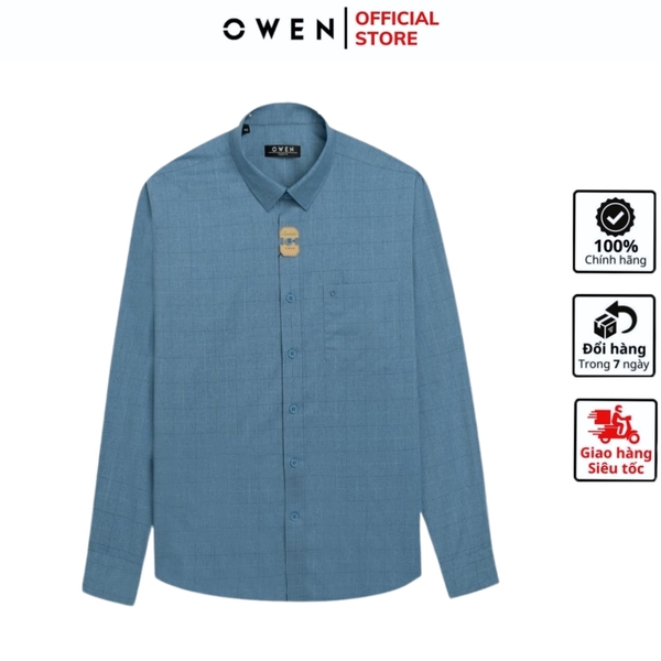 Áo Sơ Mi Nam Tay Dài Owen AR240537DT màu xanh in họa tiết dáng suông regular fit tà lượn có túi chất liệu bambo poly spandex