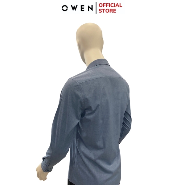 Áo Sơ Mi Nam Tay Dài Owen AR240537DT màu xanh in họa tiết dáng suông regular fit tà lượn có túi chất liệu bambo poly spandex