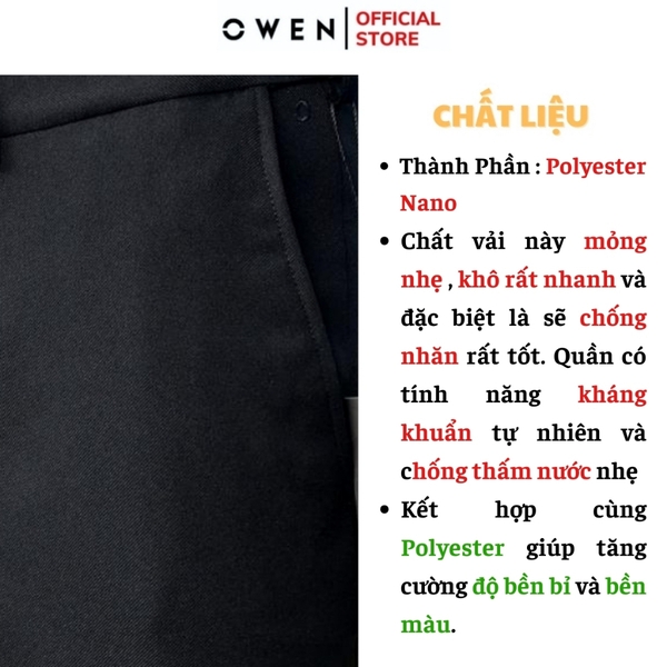 Quần Tây Nam Owen QRT242841R màu đen trơn dáng suông regular fit cạp tăng đơ chất liệu nano