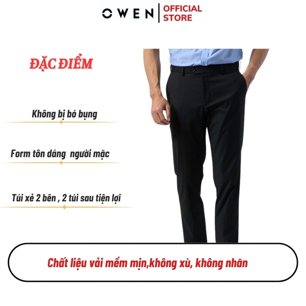Quần Tây Nam Owen QRT242841R màu đen trơn dáng suông regular fit cạp tăng đơ chất liệu nano