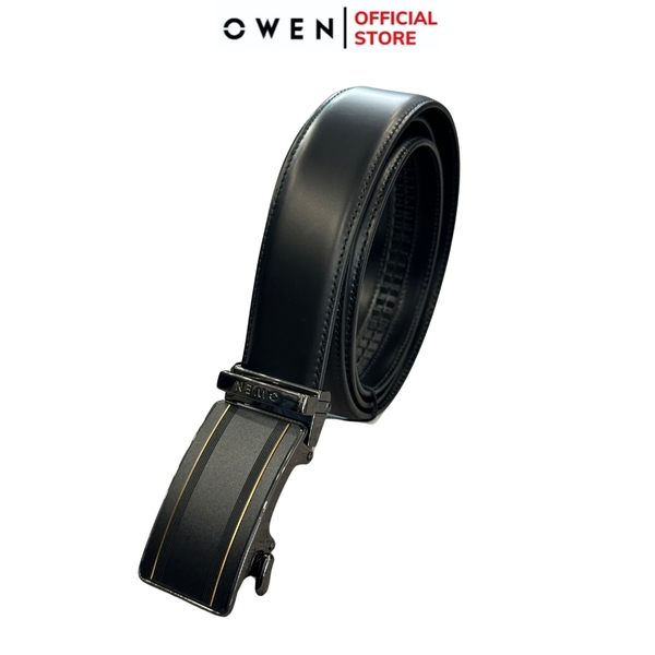 Thắt Lưng Nam Owen BELT232633 Dây Da Màu Đen Mặt Khóa Trượt Tự Động màu đen sọc vàng Chất Liệu Da Bò Thật