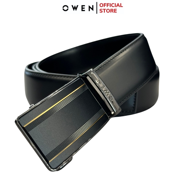 Thắt Lưng Nam Owen BELT232633 Dây Da Màu Đen Mặt Khóa Trượt Tự Động màu đen sọc vàng Chất Liệu Da Bò Thật