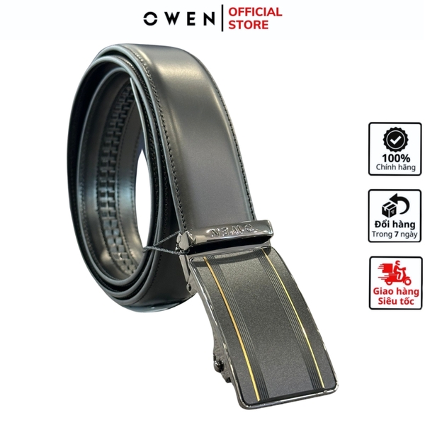 Thắt Lưng Nam Owen BELT232633 Dây Da Màu Đen Mặt Khóa Trượt Tự Động màu đen sọc vàng Chất Liệu Da Bò Thật