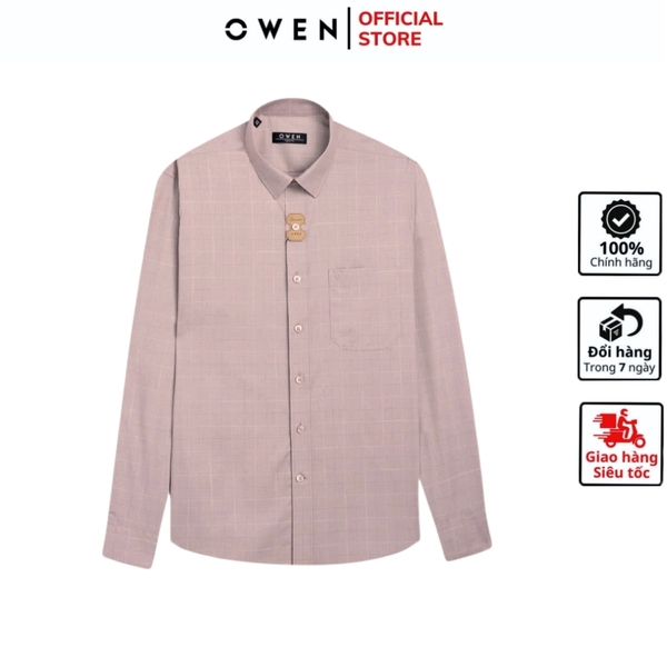 Áo Sơ Mi Nam Tay Dài Owen AR240540DT màu be tím kẻ caro dáng suông regular fit tà lượn có túi chất liệu bambo poly