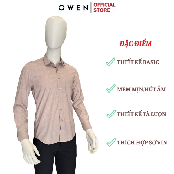 Áo Sơ Mi Nam Tay Dài Owen AR240540DT màu be tím kẻ caro dáng suông regular fit tà lượn có túi chất liệu bambo poly
