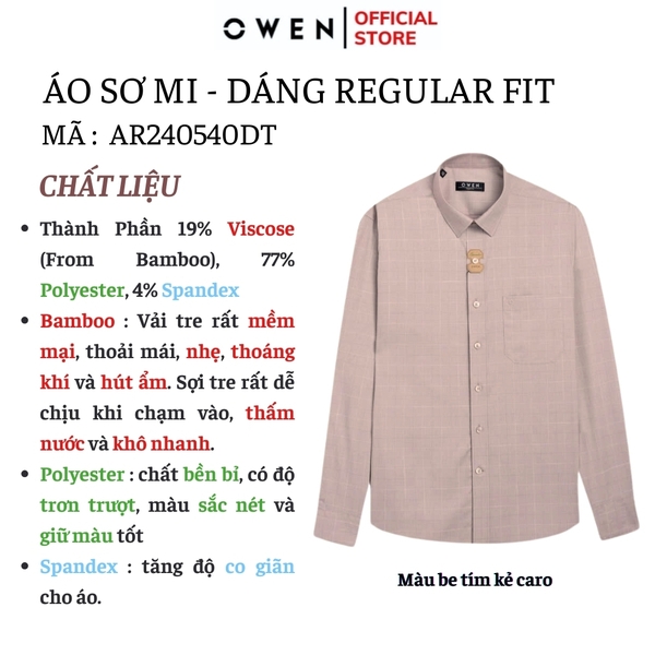 Áo Sơ Mi Nam Tay Dài Owen AR240540DT màu be tím kẻ caro dáng suông regular fit tà lượn có túi chất liệu bambo poly