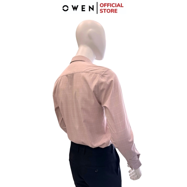 Áo Sơ Mi Nam Tay Dài Owen AR240540DT màu be tím kẻ caro dáng suông regular fit tà lượn có túi chất liệu bambo poly