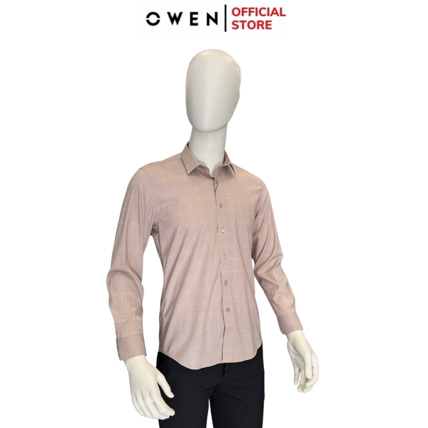 Áo Sơ Mi Nam Tay Dài Owen AR240540DT màu be tím kẻ caro dáng suông regular fit tà lượn có túi chất liệu bambo poly