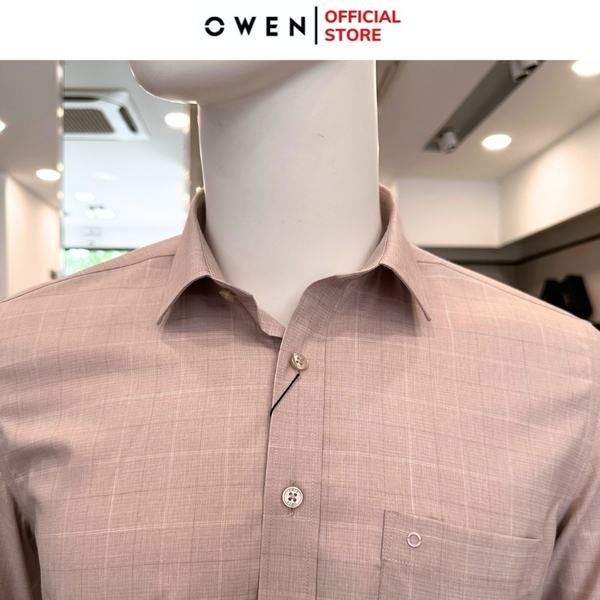 Áo Sơ Mi Nam Tay Dài Owen AR240540DT màu be tím kẻ caro dáng suông regular fit tà lượn có túi chất liệu bambo poly