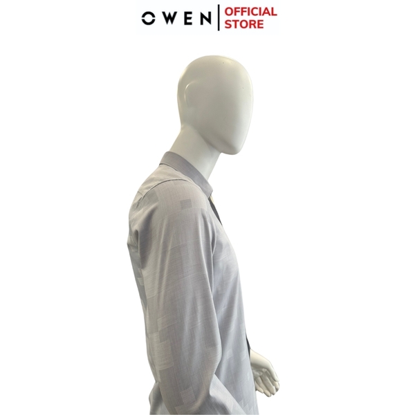 Áo Sơ Mi Nam Tay Dài Owen AS240520D màu xám nhạt họa tiết chìm dáng ôm slim fit tà lượn không túi chất liệu bambo poly
