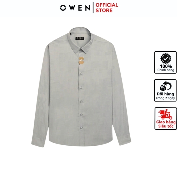 Áo Sơ Mi Nam Tay Dài Owen AS240520D màu xám nhạt họa tiết chìm dáng ôm slim fit tà lượn không túi chất liệu bambo poly