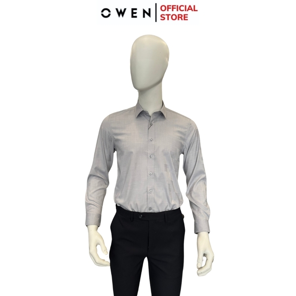 Áo Sơ Mi Nam Tay Dài Owen AS240520D màu xám nhạt họa tiết chìm dáng ôm slim fit tà lượn không túi chất liệu bambo poly