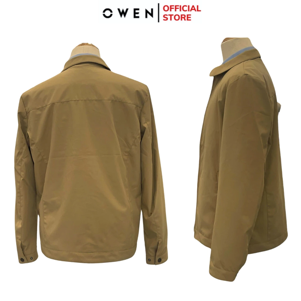 Áo Khoác Jacket Owen JK241494 màu be đậm dáng regular fit, cổ bẻ, khóa kéo, tay và gấu suông chất liệu polyester