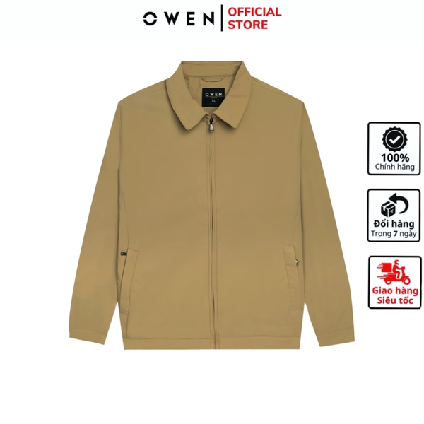 Áo Khoác Jacket Owen JK241494 màu be đậm dáng regular fit, cổ bẻ, khóa kéo, tay và gấu suông chất liệu polyester