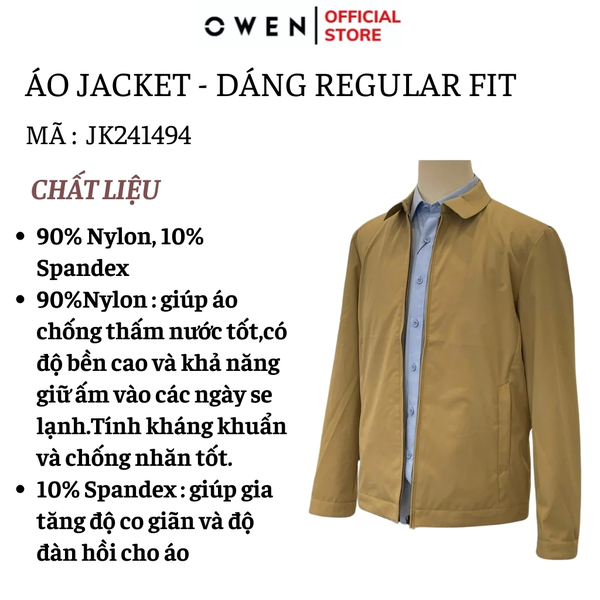 Áo Khoác Jacket Owen JK241494 màu be đậm dáng regular fit, cổ bẻ, khóa kéo, tay và gấu suông chất liệu polyester
