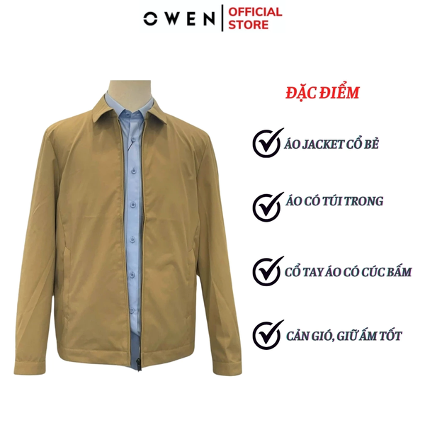 Áo Khoác Jacket Owen JK241494 màu be đậm dáng regular fit, cổ bẻ, khóa kéo, tay và gấu suông chất liệu polyester