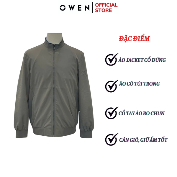 Áo Khoác Jacket Owen JK241488 màu rêu dáng regular fit, cổ cao 3 phân, khóa kéo, tay và gấu bo chun chất liệu polyester