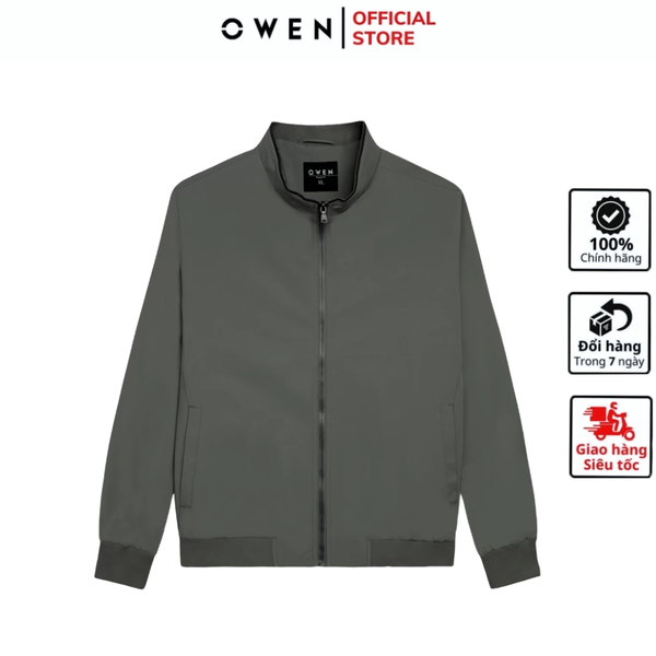 Áo Khoác Jacket Owen JK241488 màu rêu dáng regular fit, cổ cao 3 phân, khóa kéo, tay và gấu bo chun chất liệu polyester