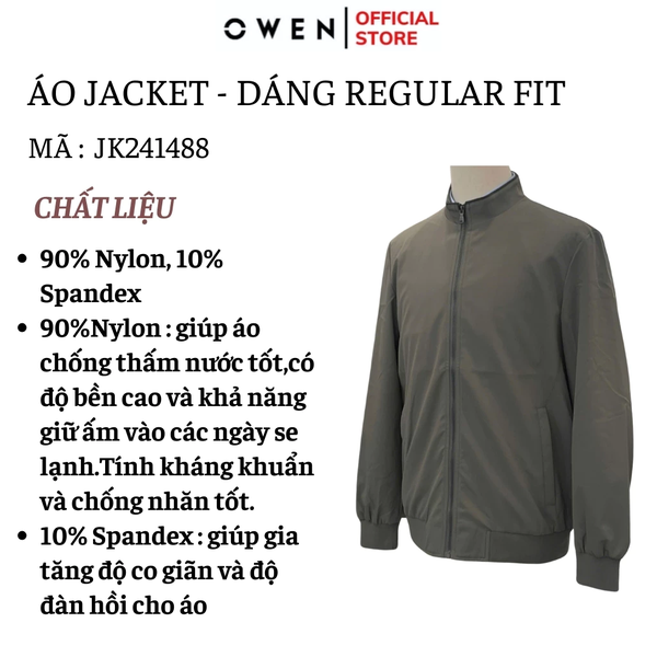 Áo Khoác Jacket Owen JK241488 màu rêu dáng regular fit, cổ cao 3 phân, khóa kéo, tay và gấu bo chun chất liệu polyester