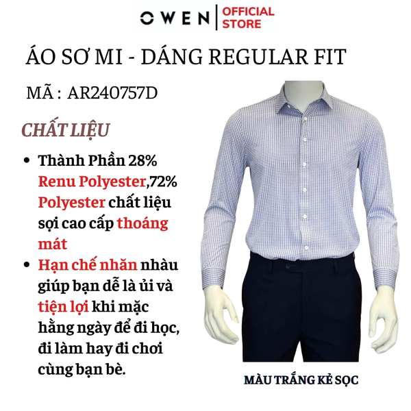 Áo Sơ Mi Nam Tay Dài Owen AR240757D màu xanh kẻ caro nhỏ dáng regular fit 1 cúc tà xẻ hai bên chất liệu Poly Recycled (Renu)
