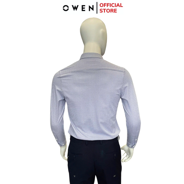Áo Sơ Mi Nam Tay Dài Owen AR240757D màu xanh kẻ caro nhỏ dáng regular fit 1 cúc tà xẻ hai bên chất liệu Poly Recycled (Renu)