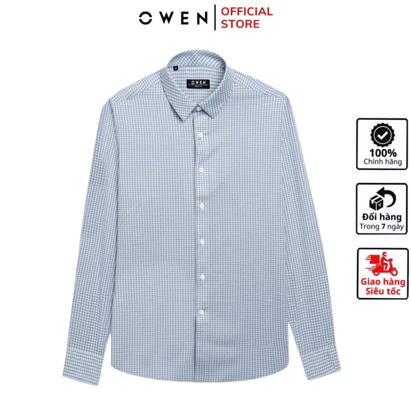 Áo Sơ Mi Nam Tay Dài Owen AR240757D màu xanh kẻ caro nhỏ dáng regular fit 1 cúc tà xẻ hai bên chất liệu Poly Recycled (Renu)