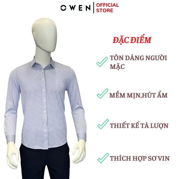Áo Sơ Mi Nam Tay Dài Owen AR240757D màu xanh kẻ caro nhỏ dáng regular fit 1 cúc tà xẻ hai bên chất liệu Poly Recycled (Renu)