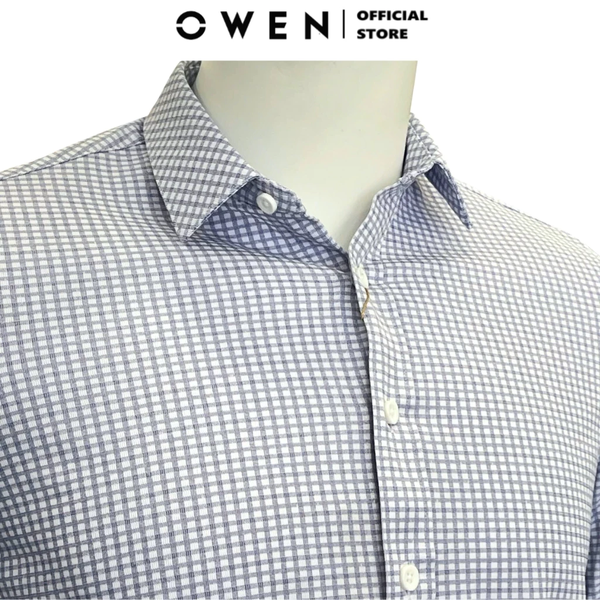 Áo Sơ Mi Nam Tay Dài Owen AR240757D màu xanh kẻ caro nhỏ dáng regular fit 1 cúc tà xẻ hai bên chất liệu Poly Recycled (Renu)