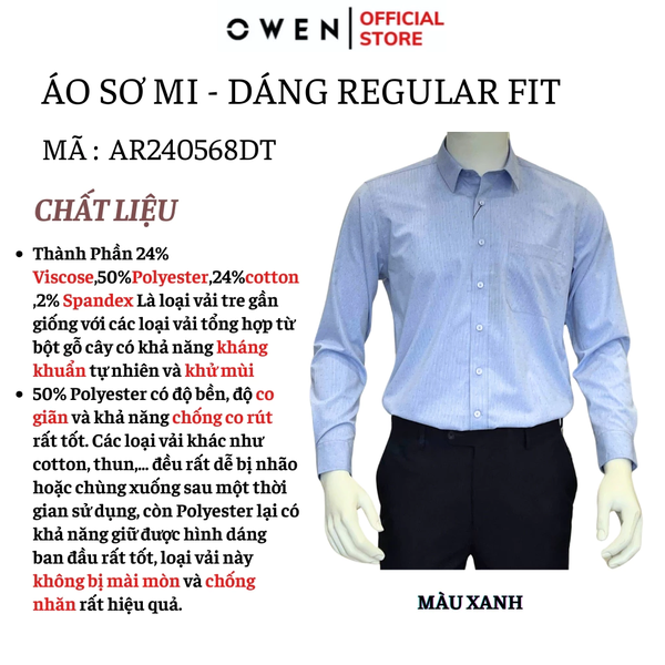 Áo Sơ Mi Nam Tay Dài Owen AR240568DT màu xanh nhạt dáng reguler fit chất liệu Spandex
