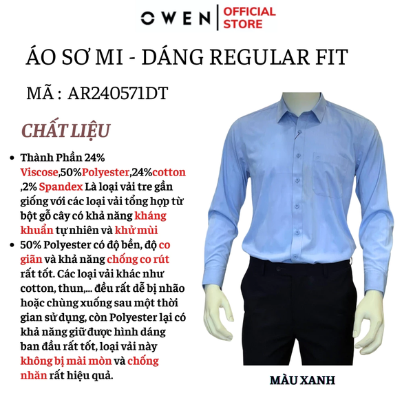Áo Sơ Mi Nam Tay Dài Owen AR240571DT màu xanh nhạt dáng reguler fit chất liệu Spandex