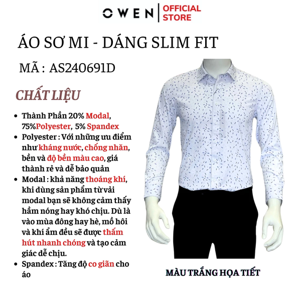 Áo Sơ Mi Nam Tay Dài Owen AS240691D màu trắng họa tiết dáng slimfit chất liệu Spandex