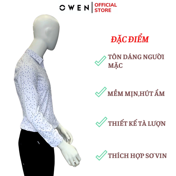 Áo Sơ Mi Nam Tay Dài Owen AS240691D màu trắng họa tiết dáng slimfit chất liệu Spandex
