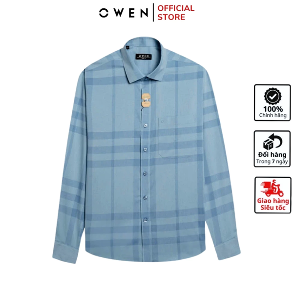 Áo Sơ Mi Nam Tay Dài Owen AR240576DT màu xanh kẻ caro dáng reguler fit chất liệu Spandex