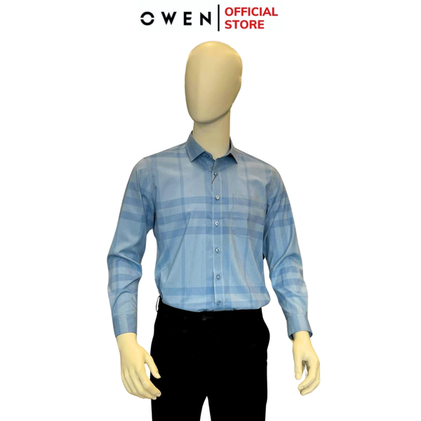 Áo Sơ Mi Nam Tay Dài Owen AR240576DT màu xanh kẻ caro dáng reguler fit chất liệu Spandex
