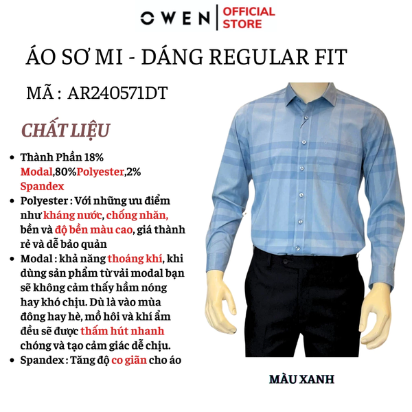 Áo Sơ Mi Nam Tay Dài Owen AR240576DT màu xanh kẻ caro dáng reguler fit chất liệu Spandex