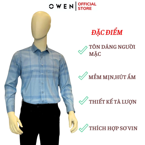 Áo Sơ Mi Nam Tay Dài Owen AR240576DT màu xanh kẻ caro dáng reguler fit chất liệu Spandex
