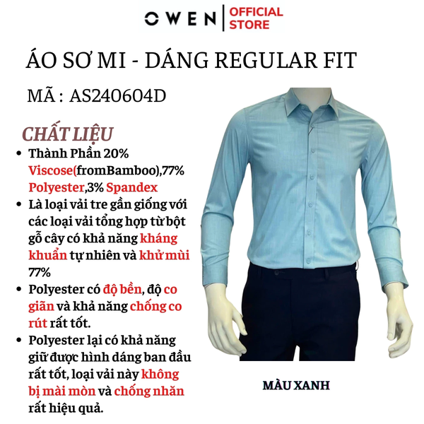 Áo Sơ Mi Nam Tay Dài Owen AS240604D màu xanh nhạt dáng slimfit chất liệu Spandex